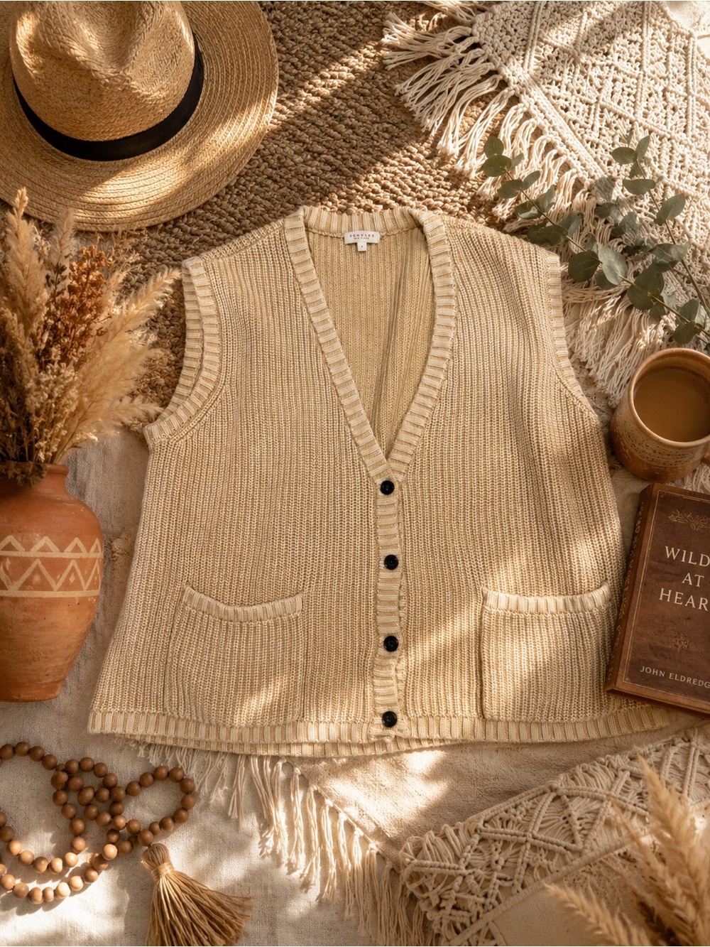 Source Unknown Cream Ribbed Button-Front Sweater Vest